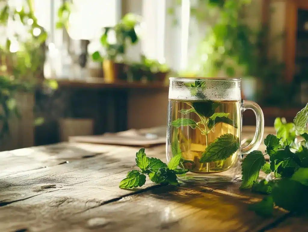 Lemon balm recipe herbal tea in glass mug