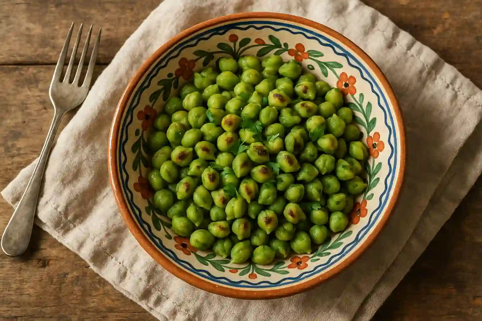 fresh-garbanzo-beans-featured Sautéed fresh garbanzo beans served in a colorful bowl