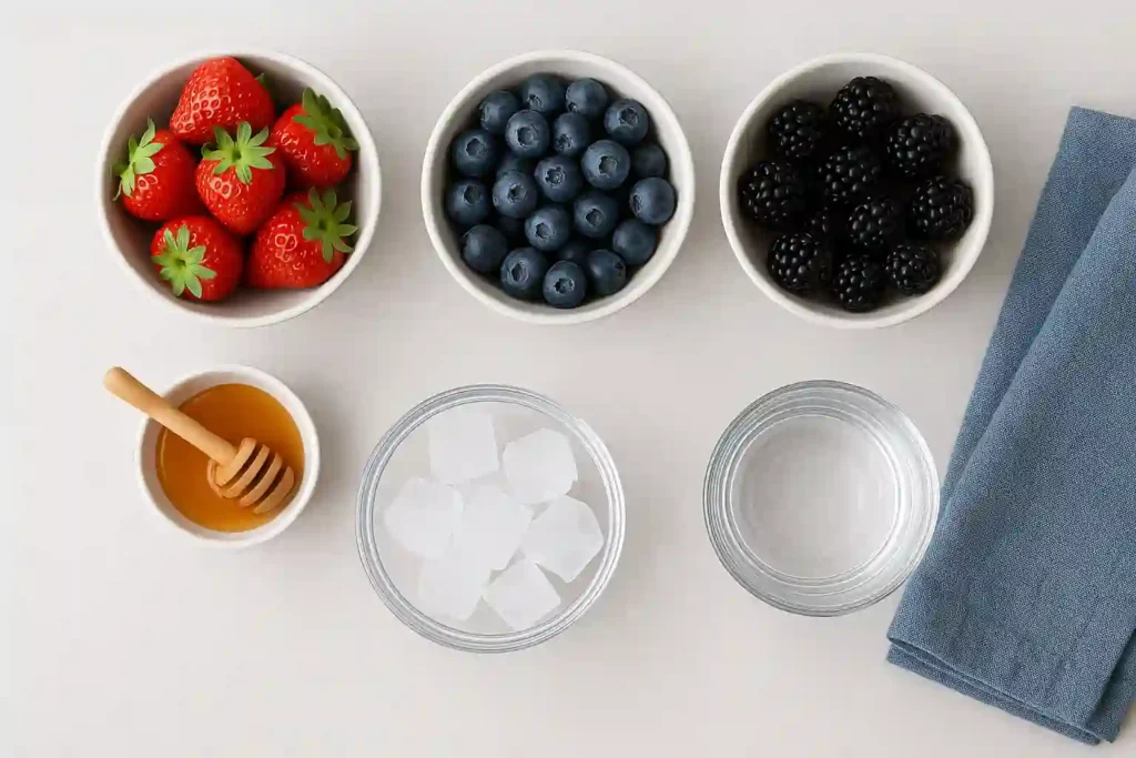 Costco fruit smoothie ingredients including berries, ice, honey, and water on a counter