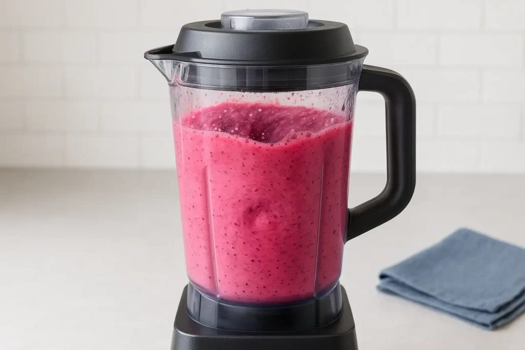 Blending Costco fruit smoothie in a blender with berries and ice