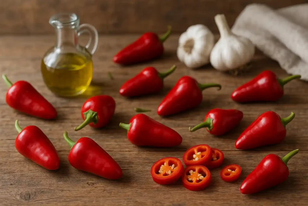 Fresh calabrese peppers with olive oil on rustic table