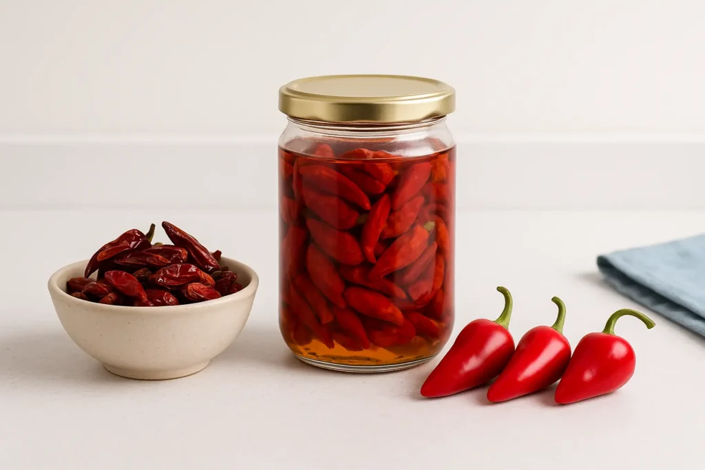 Dried and fresh calabrese peppers with jarred peppers in oil