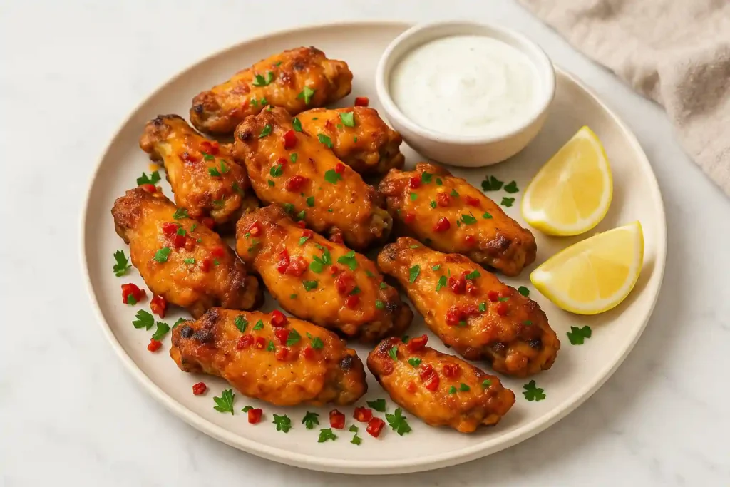 Air fryer buffalo wings with calabrese peppers