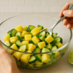 mixing pineapple cucumber salad in bowl