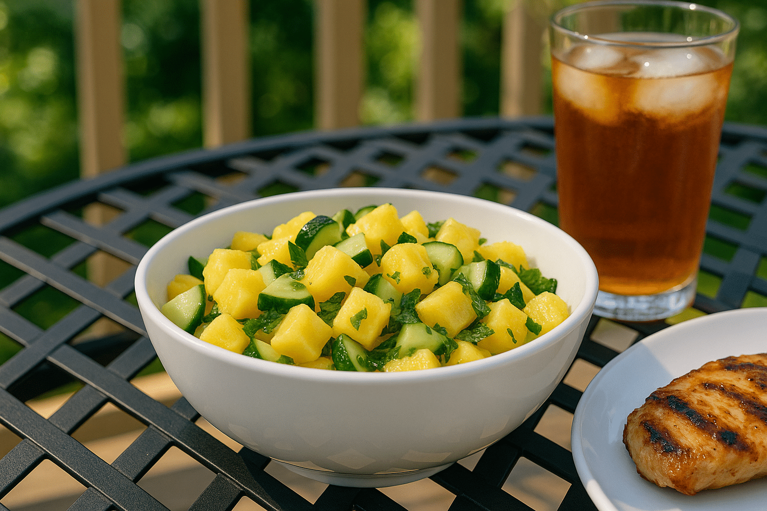 pineapple-cucumber-salad-served. pineapple cucumber salad served with grilled chicken