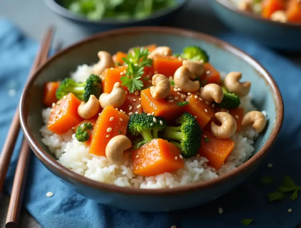 Wok stir fry frozen vegetables water chestnuts served over rice
