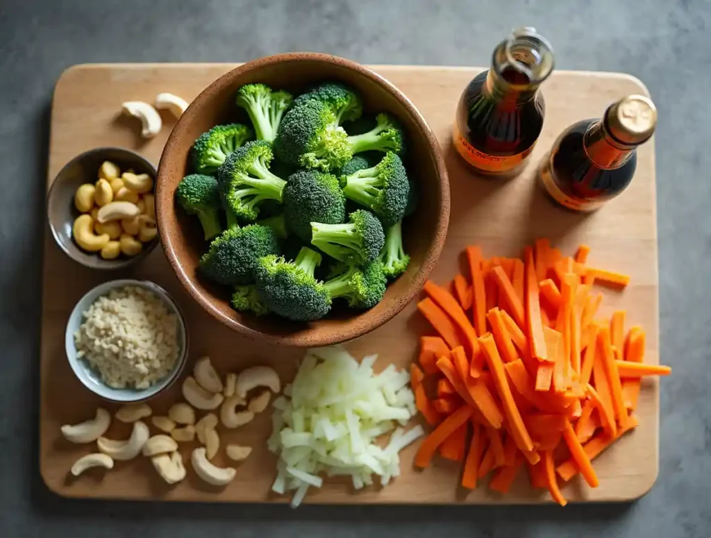 Ingredients for wok stir fry with frozen vegetables and water chestnuts
