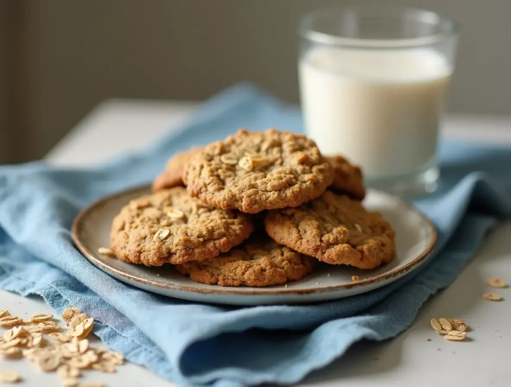 vegan oatmeal cookies served with almond milk