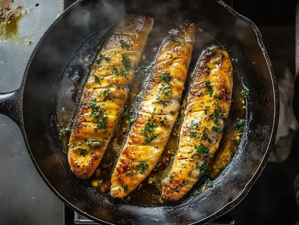 Seared walleye fish fillets cooking in skillet