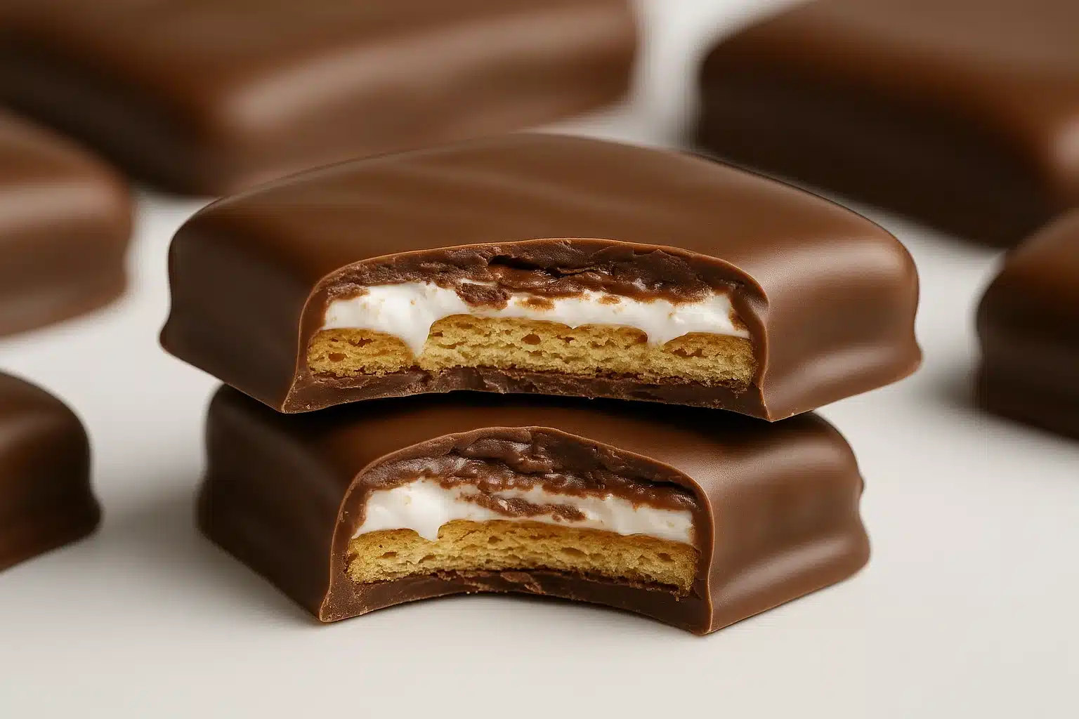 smores-girl-scout-cookies-closeup.jpg Chocolate-covered s’mores Girl Scout Cookies with marshmallow and graham layers