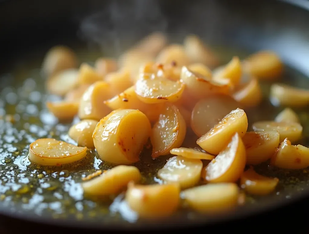 Garlic cooking in olive oil for pomodoro sauce