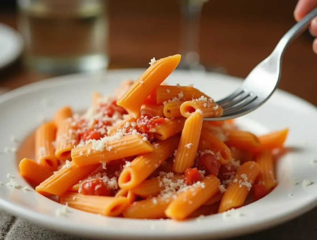 Served penne pomodoro with Parmesan and basil