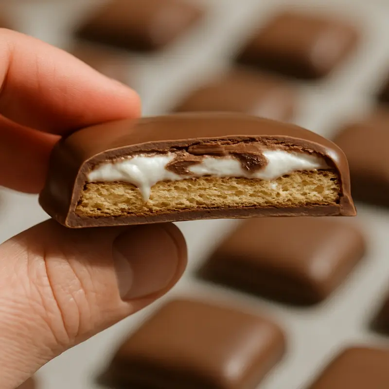 smores-cookie-cross-section-hand Hand holding a chocolate-covered s’mores cookie with visible marshmallow and graham cracker layers