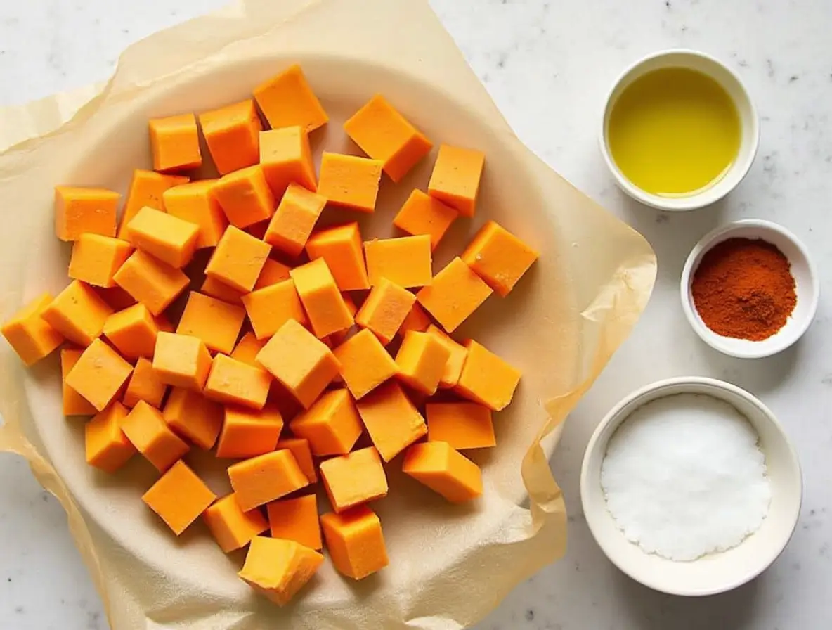 air-fryer-sweet-potato-cubes-ingredients. Sweet potato cube ingredients on kitchen counter