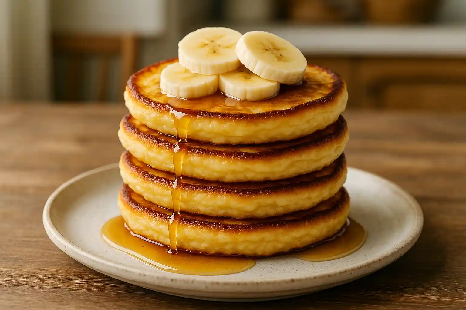 fluffy-banana-cottage-cheese-pancakes-featured Fluffy banana cottage cheese pancakes stacked with syrup