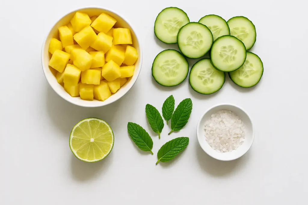 ingredients for pineapple cucumber salad flat lay