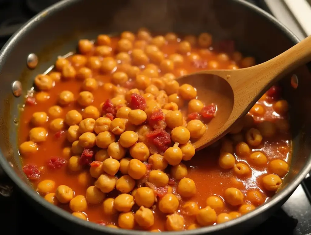 Chickpeas cooking in creamy tomato garlic sauce