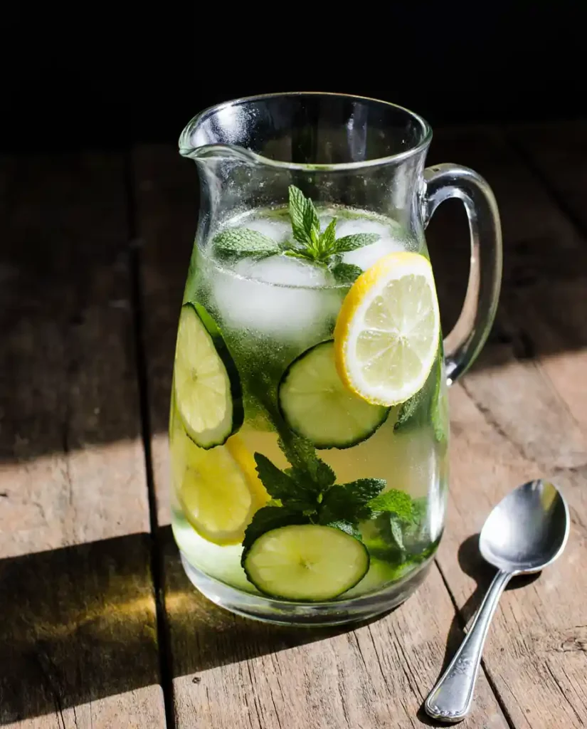 lemon balm detox drink in pitcher with lemon and cucumber