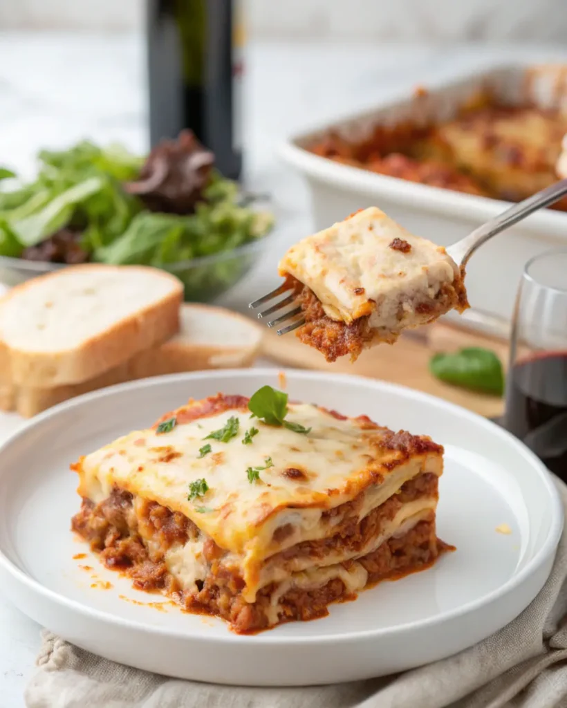 San Giorgio lasagna recipe slice served with salad and bread