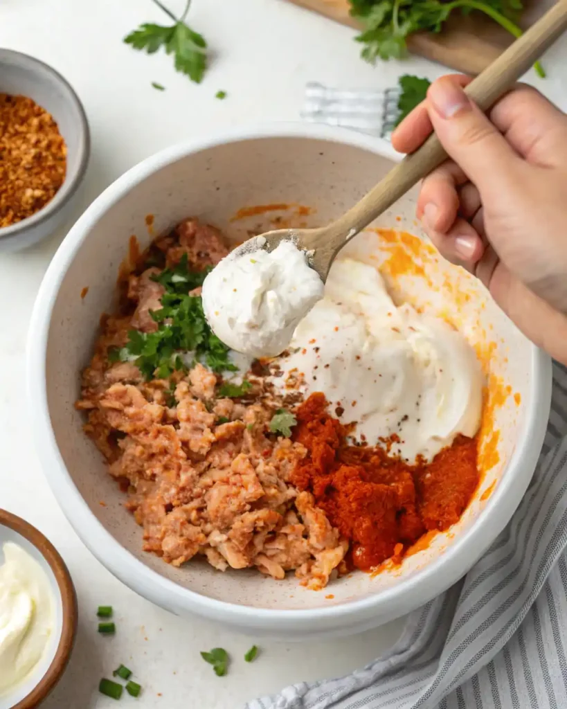 Mixing buffalo tuna salad in bowl