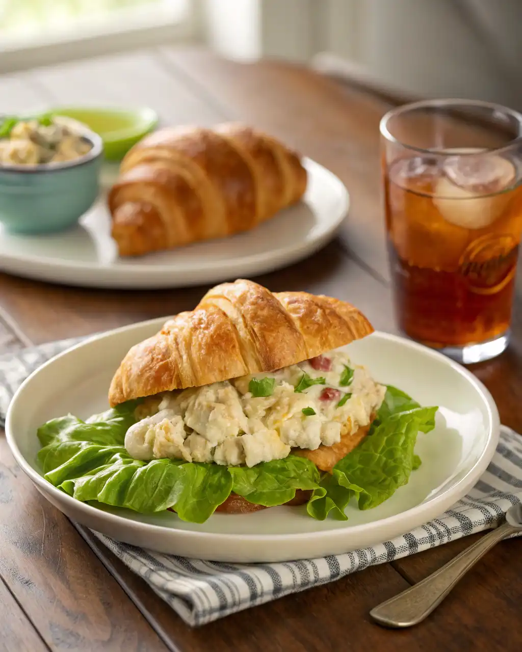 chicken-salad-chick-fancy-nancy-serving. Chicken Salad Chick Fancy Nancy served with iced tea and croissant