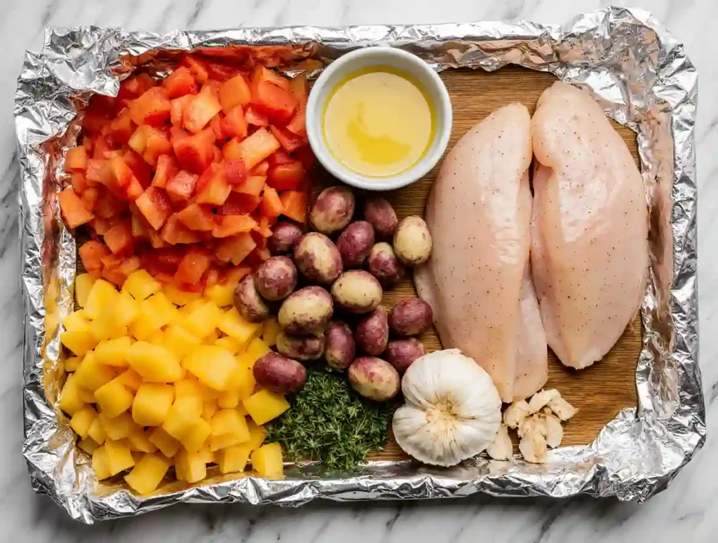 Raw ingredients for chicken foil packets