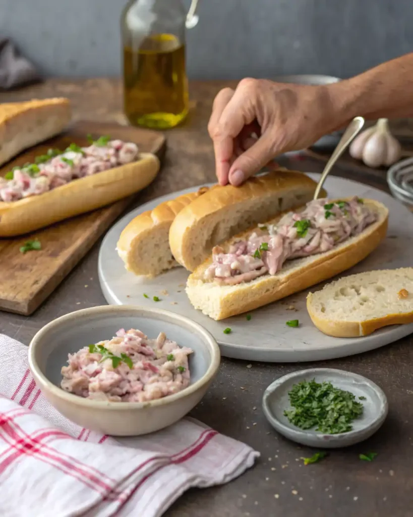 : Hands filling Italian rolls with tuna and caramelized onion mixture for Buona Beef Tuna Genovese copycat sandwich