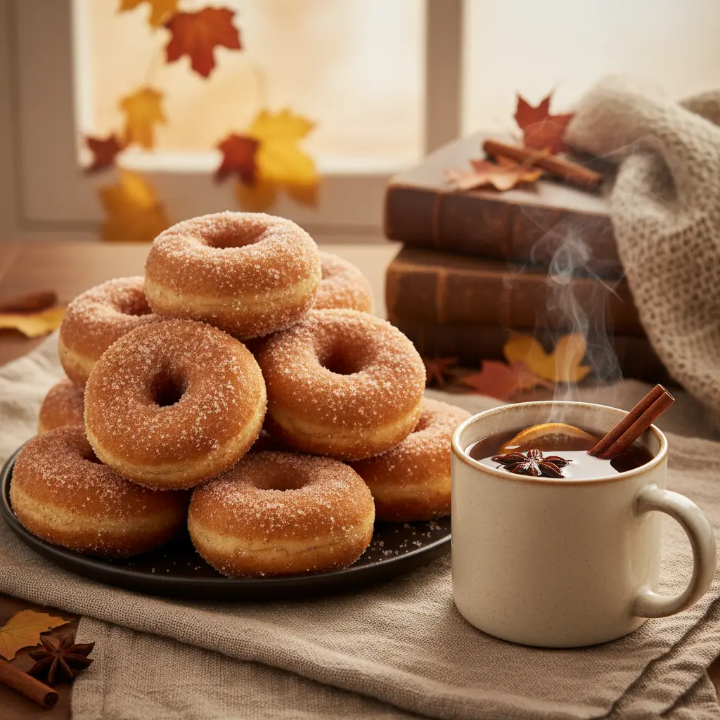 Apple cider donuts dusted with cinnamon sugar next to a steaming mug of spiced apple cider.