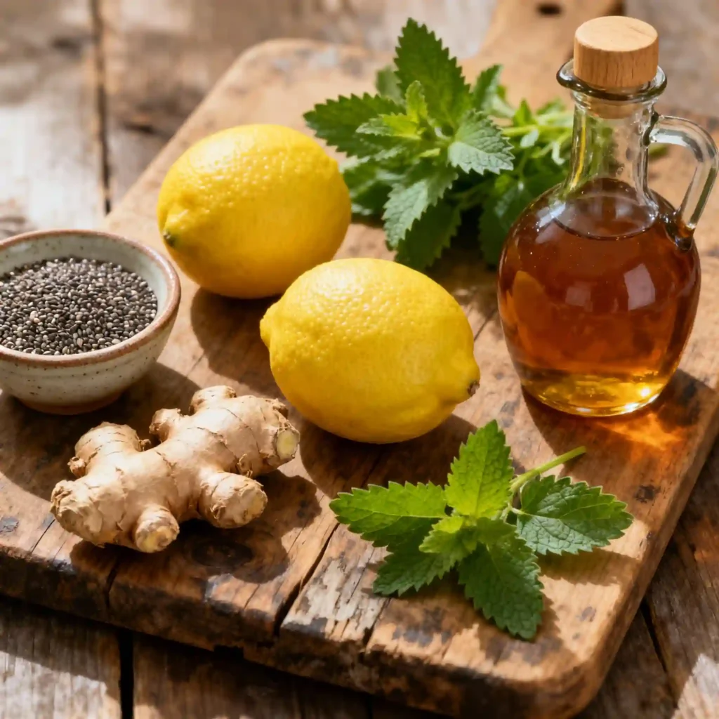Natural ingredients for Zepbound drink including lemon, ginger, and chia