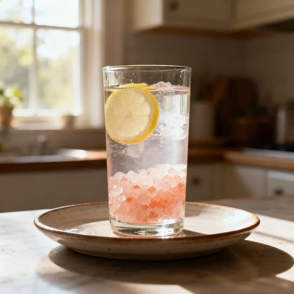 Full glass of homemade pink salt lemon water ready to drink Full glass of homemade pink salt lemon water ready to drink