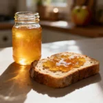 Homemade Apple Jelly in Glass Bottle with Toast