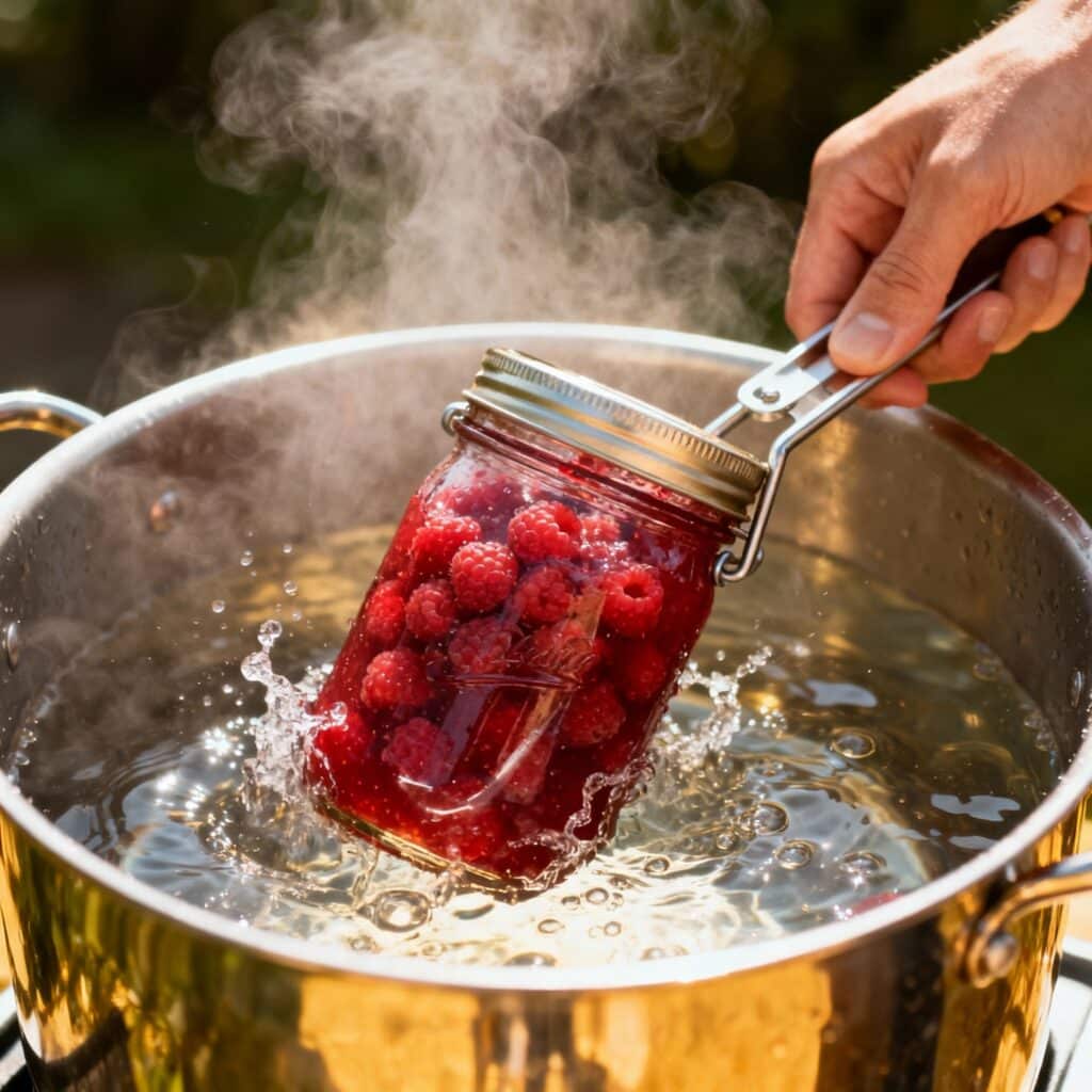 Close-up of raspberry jam being water bath canned