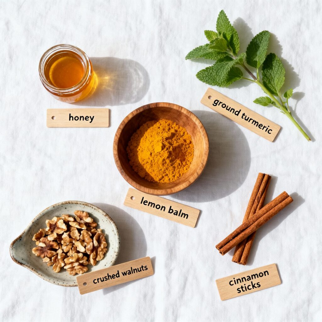 turmeric, lemon balm, cinnamon, and walnuts with honey