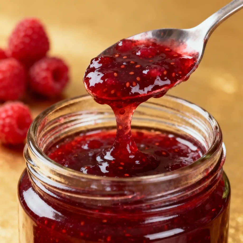 Spoonful of homemade raspberry jam from jar