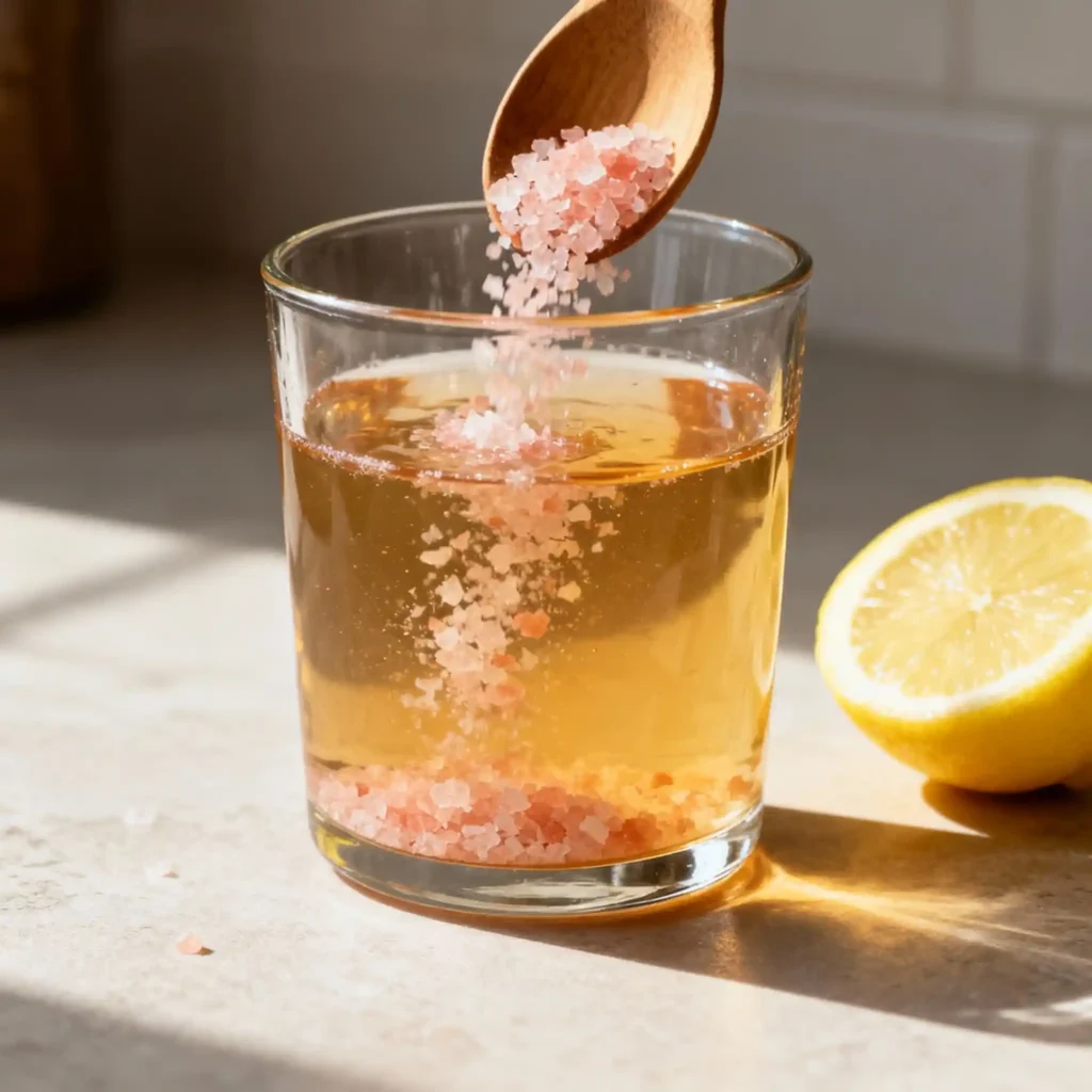 Close-up of stirring Himalayan pink salt trick drink in a glass Close-up of stirring Himalayan pink salt trick drink in a glass