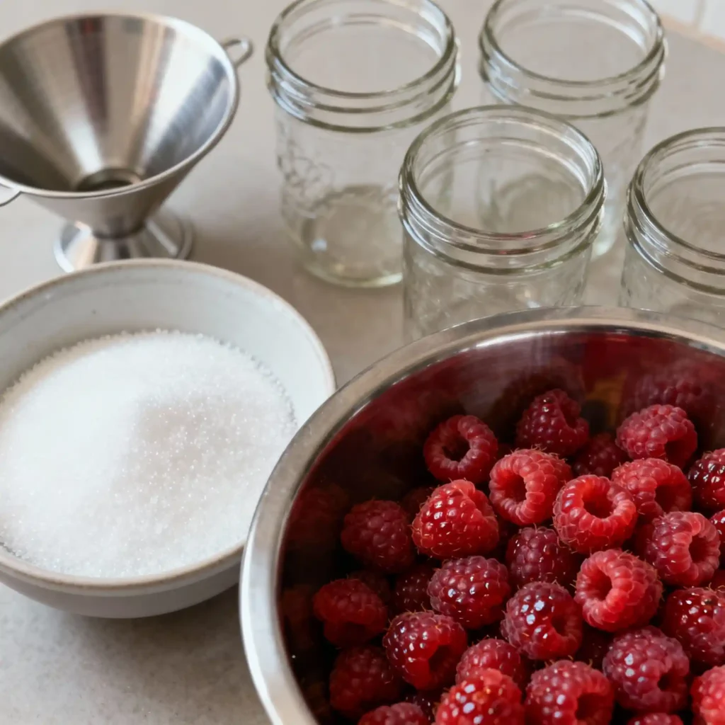 Raspberry jam ingredients prepared on counter