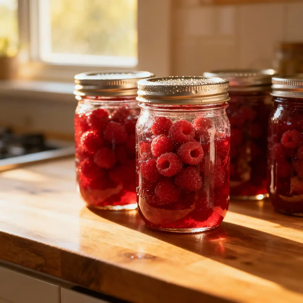 Close-up of homemade canned raspberry jam in jars